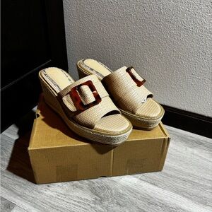 New Beige Wedge Sandals with Buckle Detail